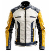 Men’s White Navy-Blue Contrast Sheepskin Retro Leather Jacket